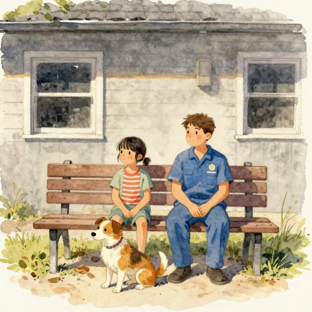 A shelter worker sitting beside a dog on a bench outside, both looking in the same direction, quiet companionship