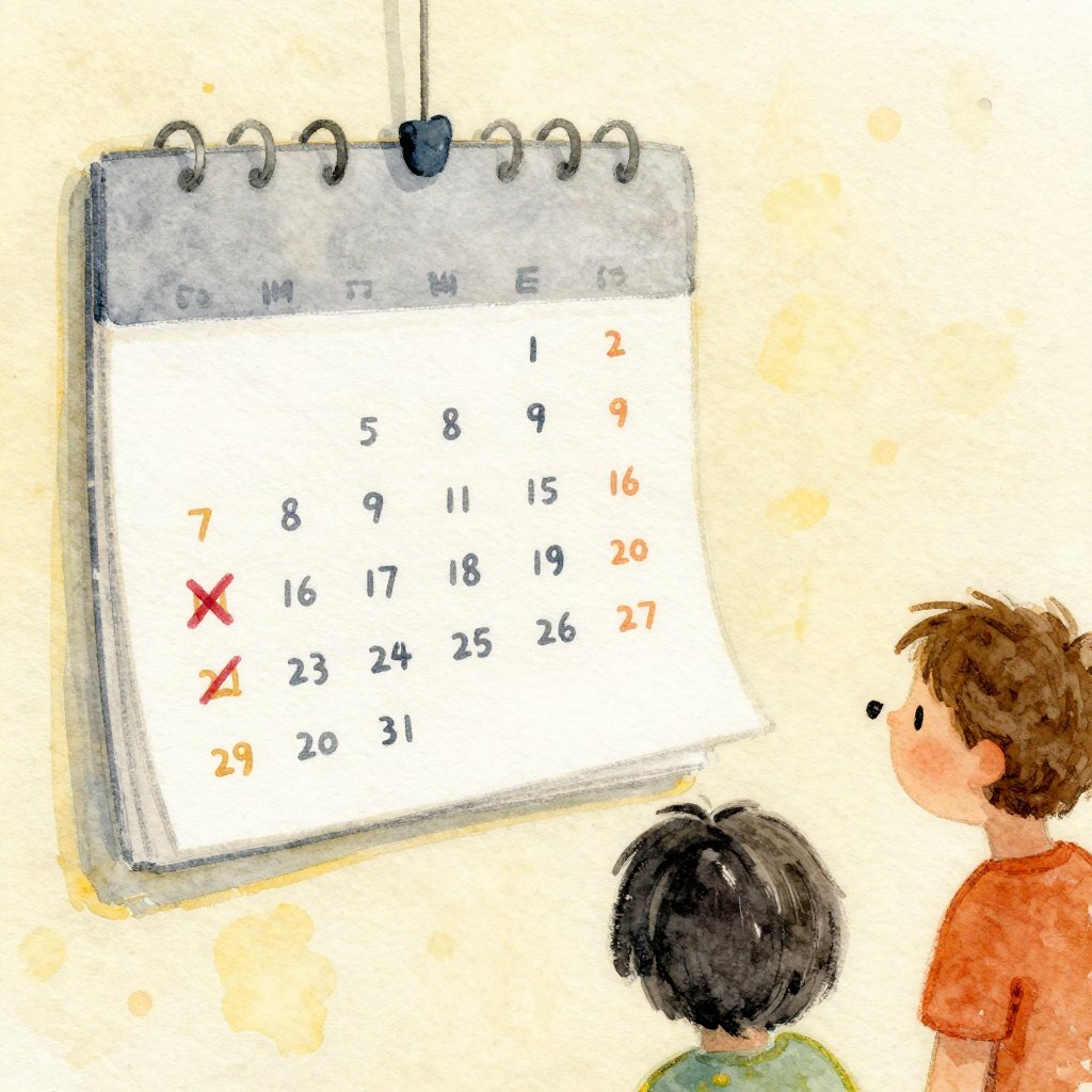 A calendar on a wall with many days crossed off, a dog visible in the background looking toward it, time passing