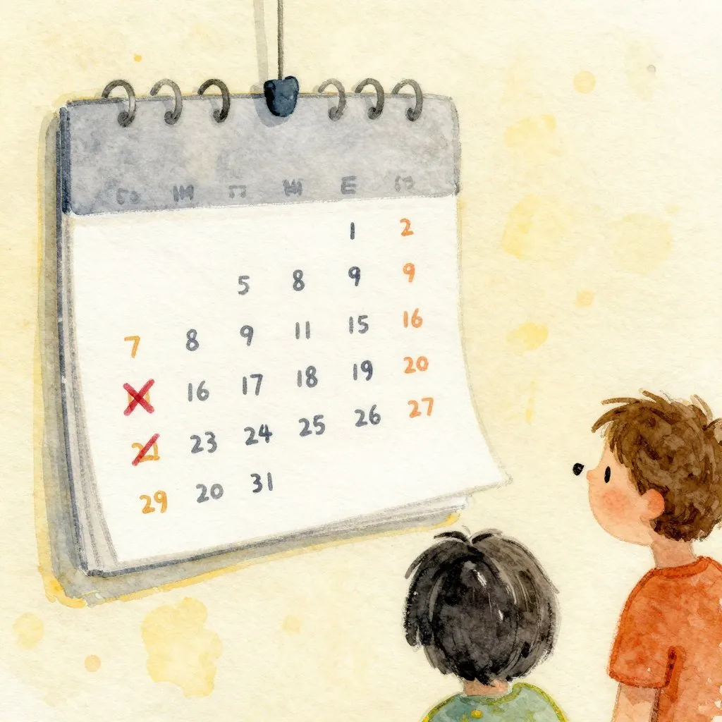 A calendar on a wall with many days crossed off, a dog visible in the background looking toward it, time passing