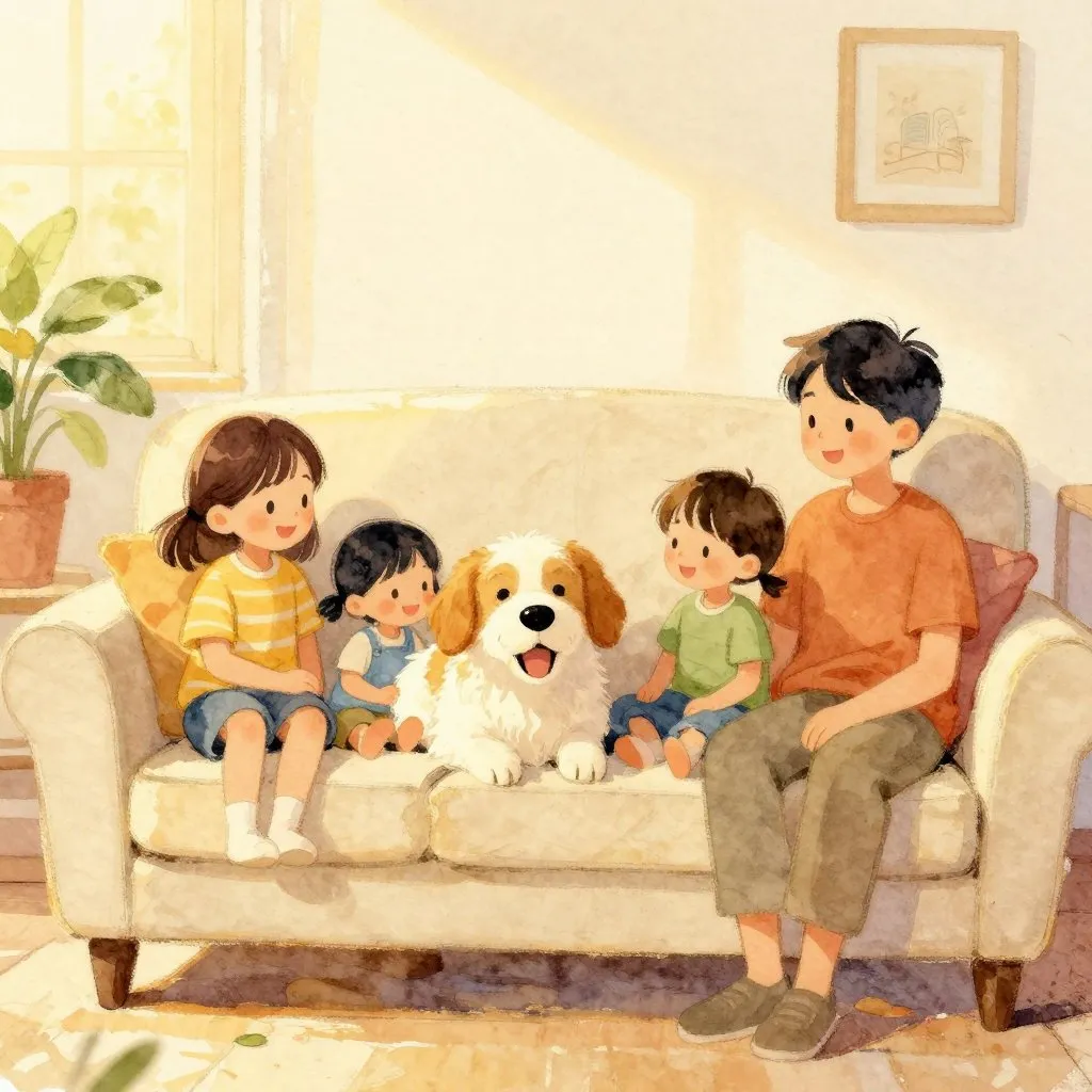 A dog leaning happily into the people he lives with now, relaxed and completely at home, warm light