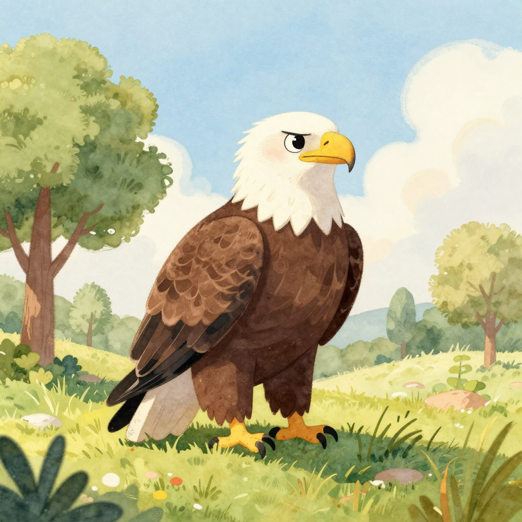 Murphy the bald eagle perched on a branch overlooking a river valley